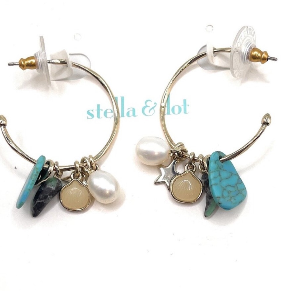 Stella & Dot Gold Hoops with Turquoise and Pearl Charms